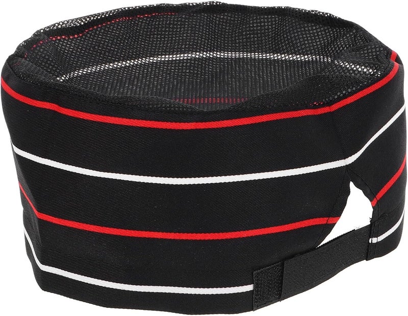 ORFOFE Unisex Chef Hat with Mesh Top Breathable Polyester Kitchen Cap for Men and Women Restaurant Service Staff Cooking Hat Black Red White Striped - Image 1