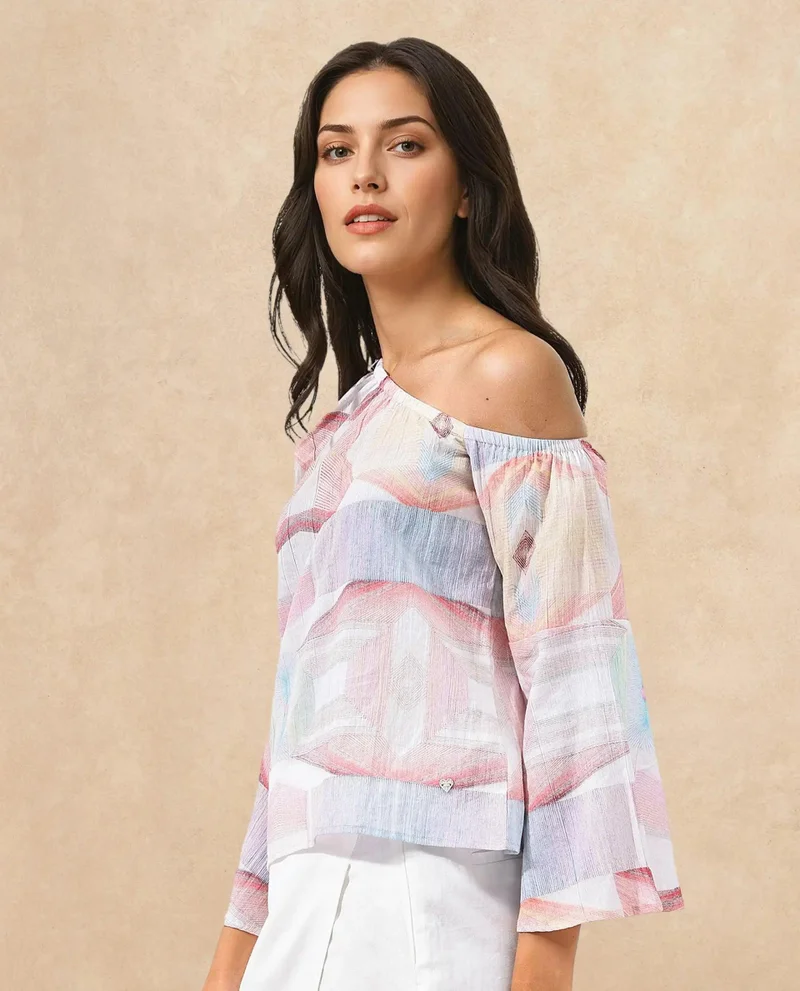 Rareism Women's Abstract Print One Shoulder Top