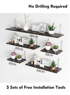 Old_Feller 5-Piece Home Book Shelves Set Floating Shelves for Wall Hanging Wood Shelf Wooden Shelves with Metal Brackets Hanging Shelf Wall Organizers for Home Black Color Free Installation Tool  - Image 1