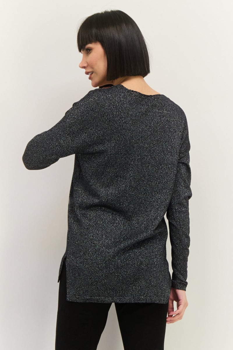 INC Women V-Neck Long Sleeves Textured Tunic Top, Black - Image 3