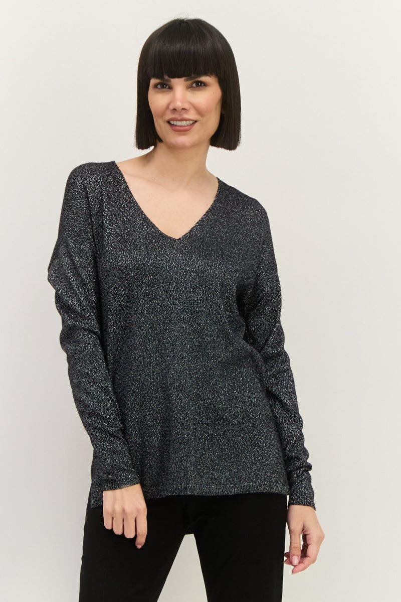 INC Women V-Neck Long Sleeves Textured Tunic Top, Black - Image 1