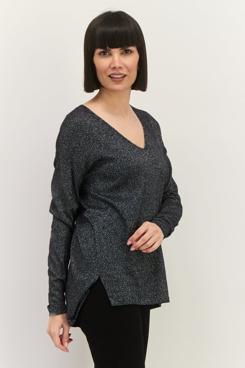 INC Women V-Neck Long Sleeves Textured Tunic Top, Black - Image 2
