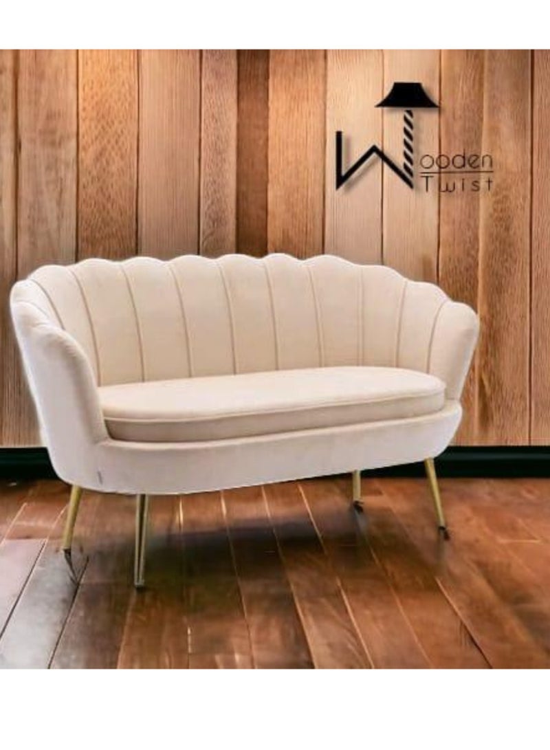 Wooden Twist Flared Arm Solid Wood Metal Legs Velvet Fabric Loveseat Modern Chaise Lounge ( Cream ) - Image 1