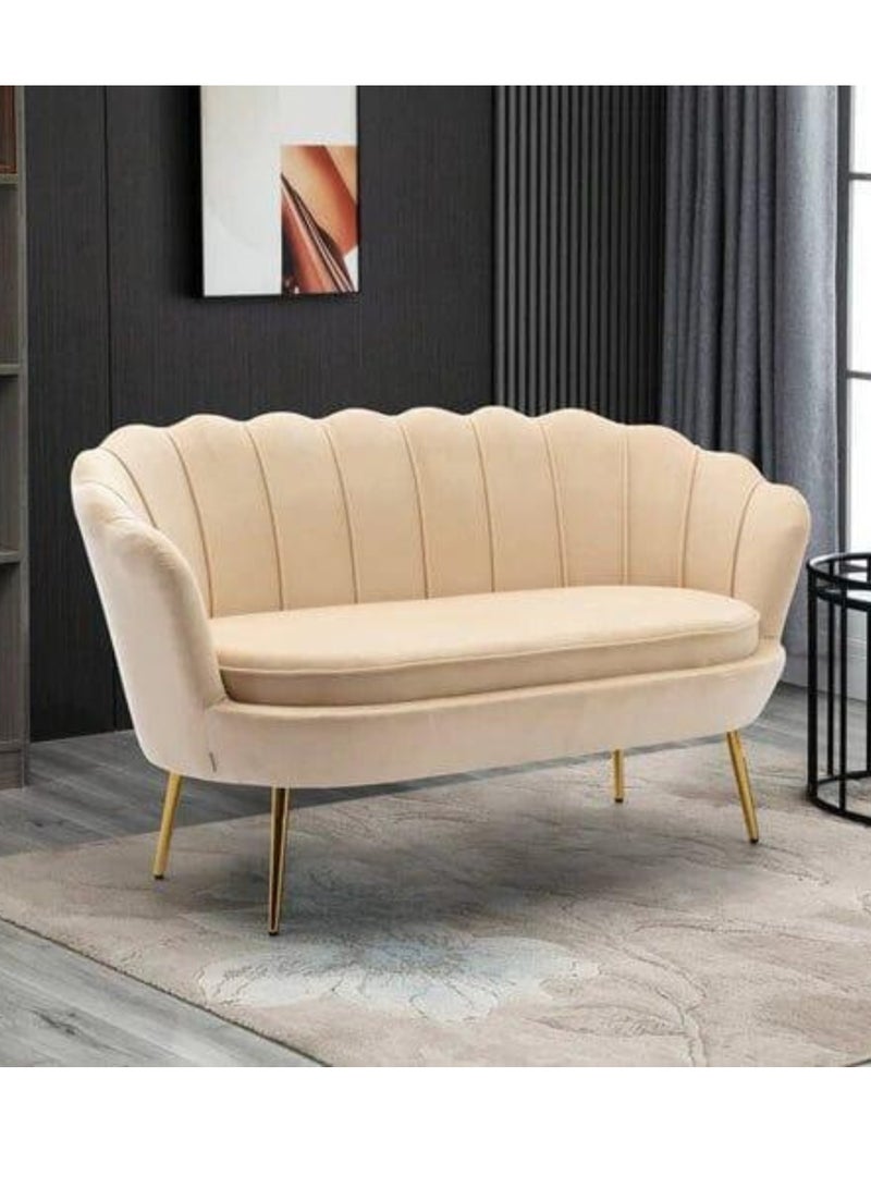 Wooden Twist Flared Arm Solid Wood Metal Legs Velvet Fabric Loveseat Modern Chaise Lounge ( Cream ) - Image 2