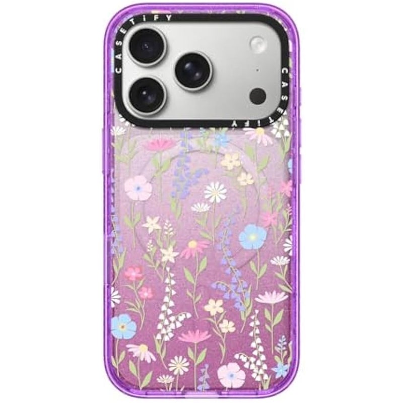 Casetify Impact iPhone 17 Pro Case 【Slim/Compatible with Magsafe / 8.2 ft. 4X Military Grade Drop Protection】 - Pink Pastel Cute Floral - Glitter Purple - Image 1