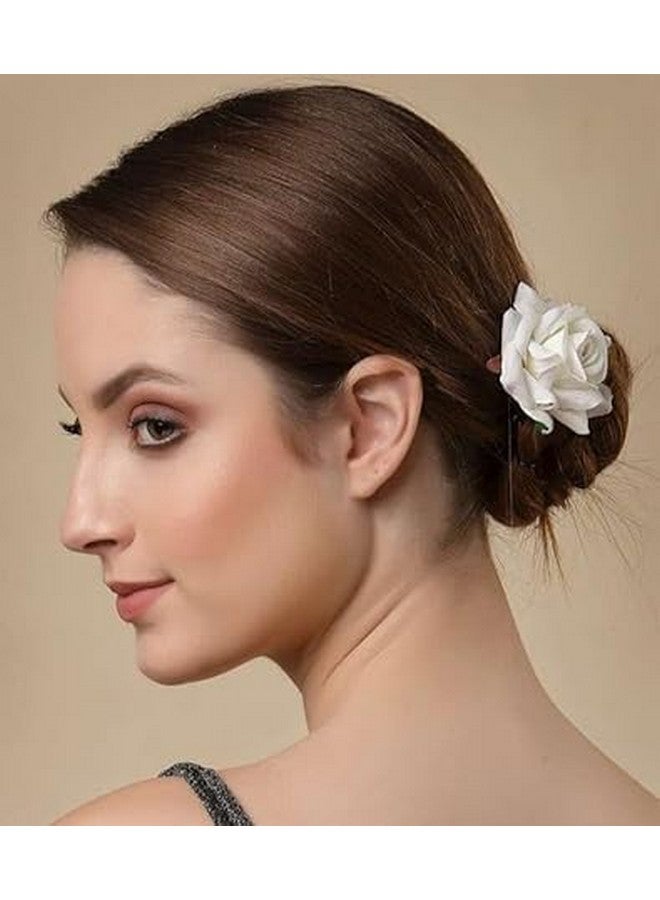 Vrindavanstore.in Elegant White Rose Hair Clip for Women & Girls | Artificial Flower Hair Pin | Bun & Party Hairstyle Accessory - Image 3