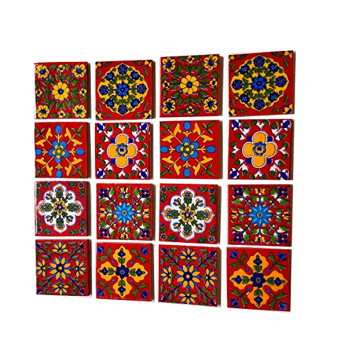 Shiv Kripa Blue Pottery Home Decorative Ceramic Wall Hanging Tile - Design Flooring, Floral Kitchen Washroom Mosaic Furniture Handmade Backsplash 3 x 3 Inches (Pack of 20, Multicolor) - Image 1