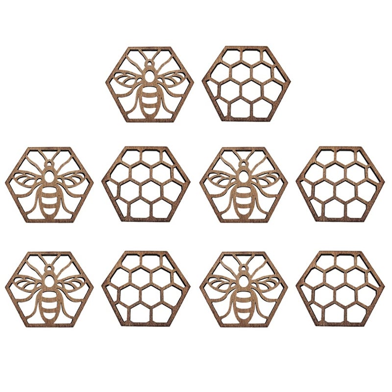 PRETYZOOM 10pcs Decorative Honeycomb Coasters  Wooden Bee Coasters Heat Resistant for Drinks and Tea  Bee Day Party Decoration