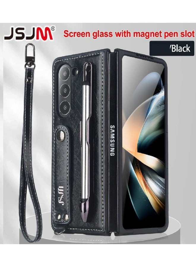 GALAXY FOLD 5 - JSJM BOOK LEATHER With GRIP + GLASS FOR SAMSUNG GALAXY FOLD 5 ( Design - 126) [ Black Color ]
