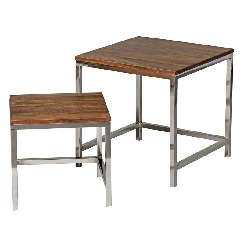 JGS JGS Sheesham Wood Steel Nesting Table Side Stool Set of 2 for Living Room Hall Home Office Silver and Natural Finish  - Image 1