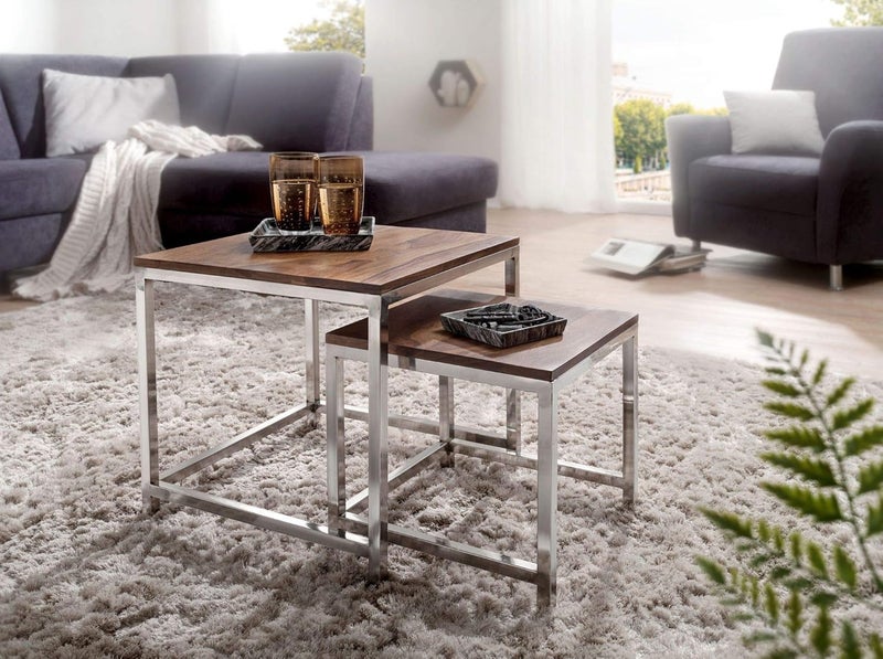 JGS JGS Sheesham Wood Steel Nesting Table Side Stool Set of 2 for Living Room Hall Home Office Silver and Natural Finish  - Image 4
