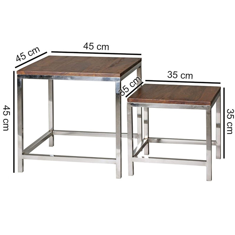 JGS JGS Sheesham Wood Steel Nesting Table Side Stool Set of 2 for Living Room Hall Home Office Silver and Natural Finish  - Image 3
