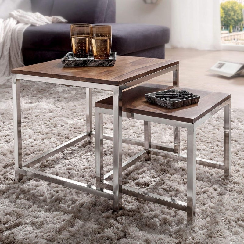 JGS JGS Sheesham Wood Steel Nesting Table Side Stool Set of 2 for Living Room Hall Home Office Silver and Natural Finish  - Image 2