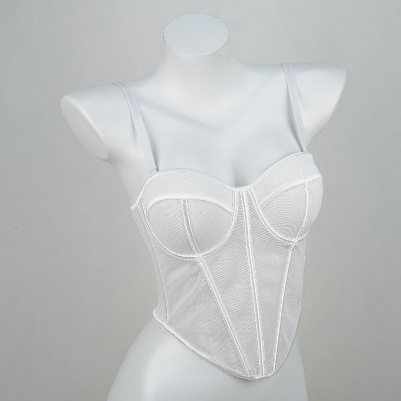 French Pointed Body-Shaping Bra With Suspenders, High-End Mesh Lace See-Through Outer Fishbone Bra - Image 5