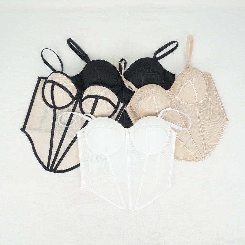 French Pointed Body-Shaping Bra With Suspenders, High-End Mesh Lace See-Through Outer Fishbone Bra - Image 2