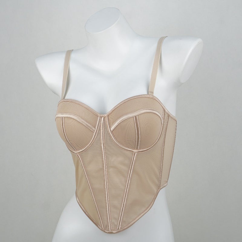 French Pointed Body-Shaping Bra With Suspenders, High-End Mesh Lace See-Through Outer Fishbone Bra - Image 3