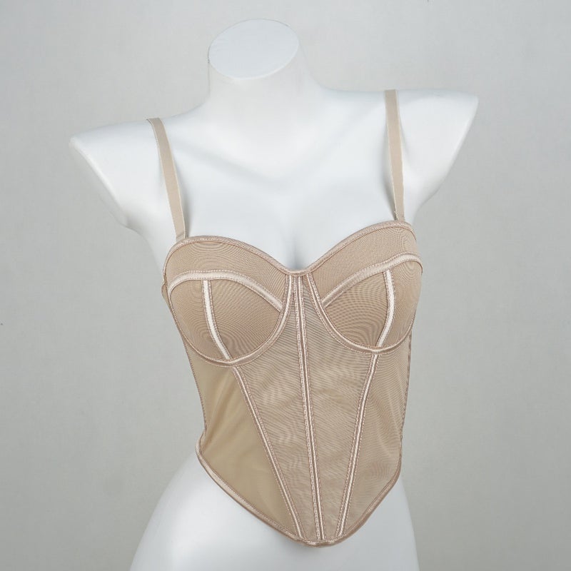 French Pointed Body-Shaping Bra With Suspenders, High-End Mesh Lace See-Through Outer Fishbone Bra - Image 1