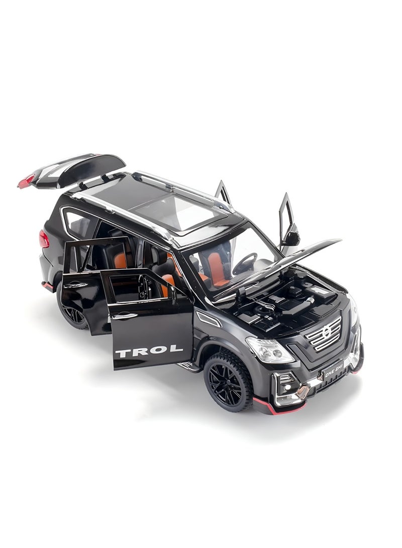 تشي زي سيارة دفع رباعي معدنية بمقياس 1:24 من نوع نيسان باترول، نموذج معدني مع صوت وإضاءة، تصميم معدل، لعبة للأطفال الأولاد والبنات، هدية مثالية لأعياد الميلاد – أسود - Image 2