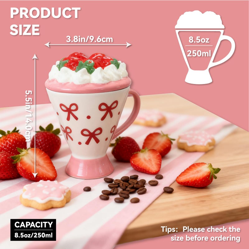 DIF DECO Christmas Coffee Mug with Lid, 8 OZ Ceramic Cute Pink Strawberry Cake Shape Unique Xmas Kawaii Cup with Handle for Tea & Coffee Lovers, Gifts for Girls or Women-Dishwasher Safe(250ml) - Image 2