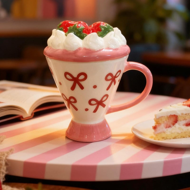 DIF DECO Christmas Coffee Mug with Lid, 8 OZ Ceramic Cute Pink Strawberry Cake Shape Unique Xmas Kawaii Cup with Handle for Tea & Coffee Lovers, Gifts for Girls or Women-Dishwasher Safe(250ml) - Image 1