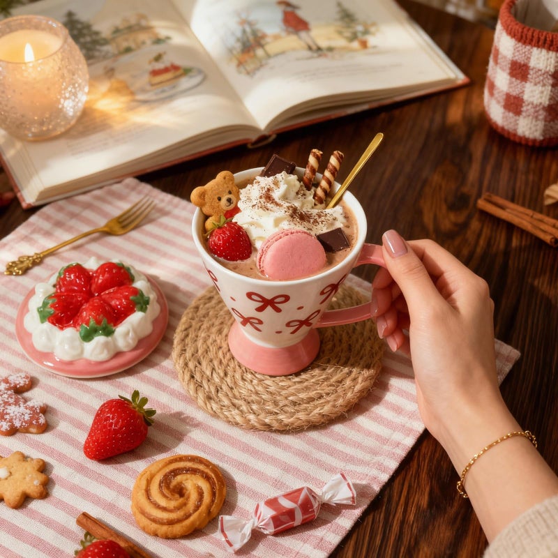 DIF DECO Christmas Coffee Mug with Lid, 8 OZ Ceramic Cute Pink Strawberry Cake Shape Unique Xmas Kawaii Cup with Handle for Tea & Coffee Lovers, Gifts for Girls or Women-Dishwasher Safe(250ml) - Image 3