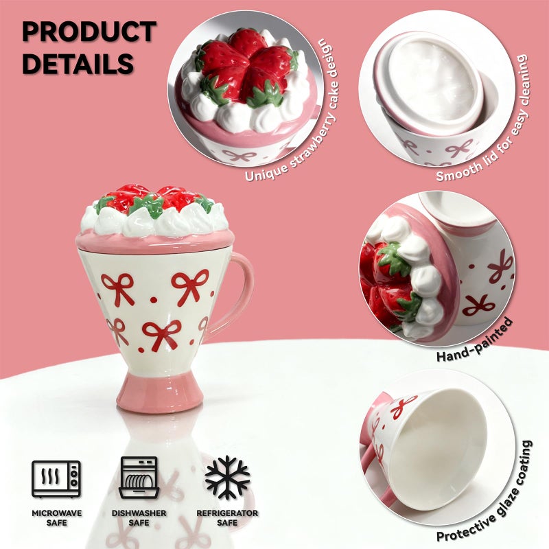 DIF DECO Christmas Coffee Mug with Lid, 8 OZ Ceramic Cute Pink Strawberry Cake Shape Unique Xmas Kawaii Cup with Handle for Tea & Coffee Lovers, Gifts for Girls or Women-Dishwasher Safe(250ml) - Image 4