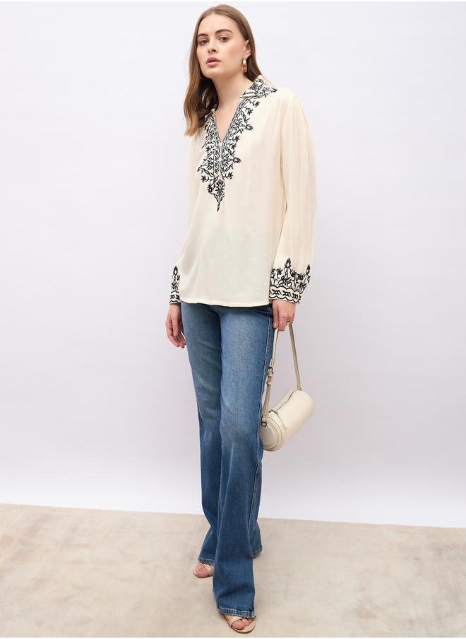 Styli Embroidered Regular Fit Collared Top  - Image 1
