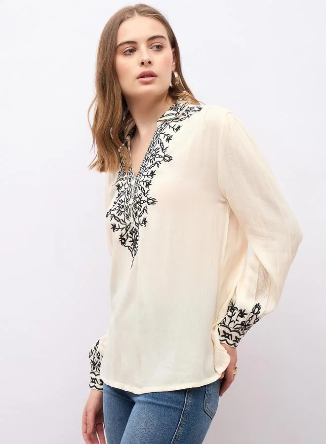 Styli Embroidered Regular Fit Collared Top