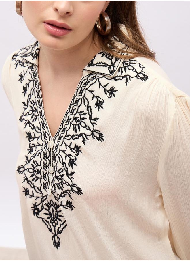 Styli Embroidered Regular Fit Collared Top  - Image 4