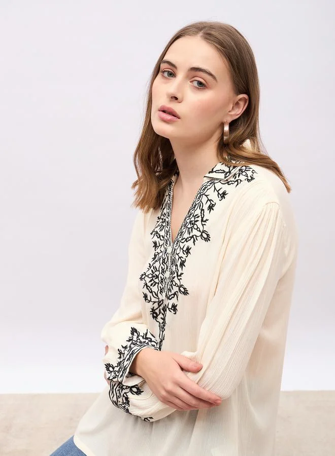 Styli Embroidered Regular Fit Collared Top