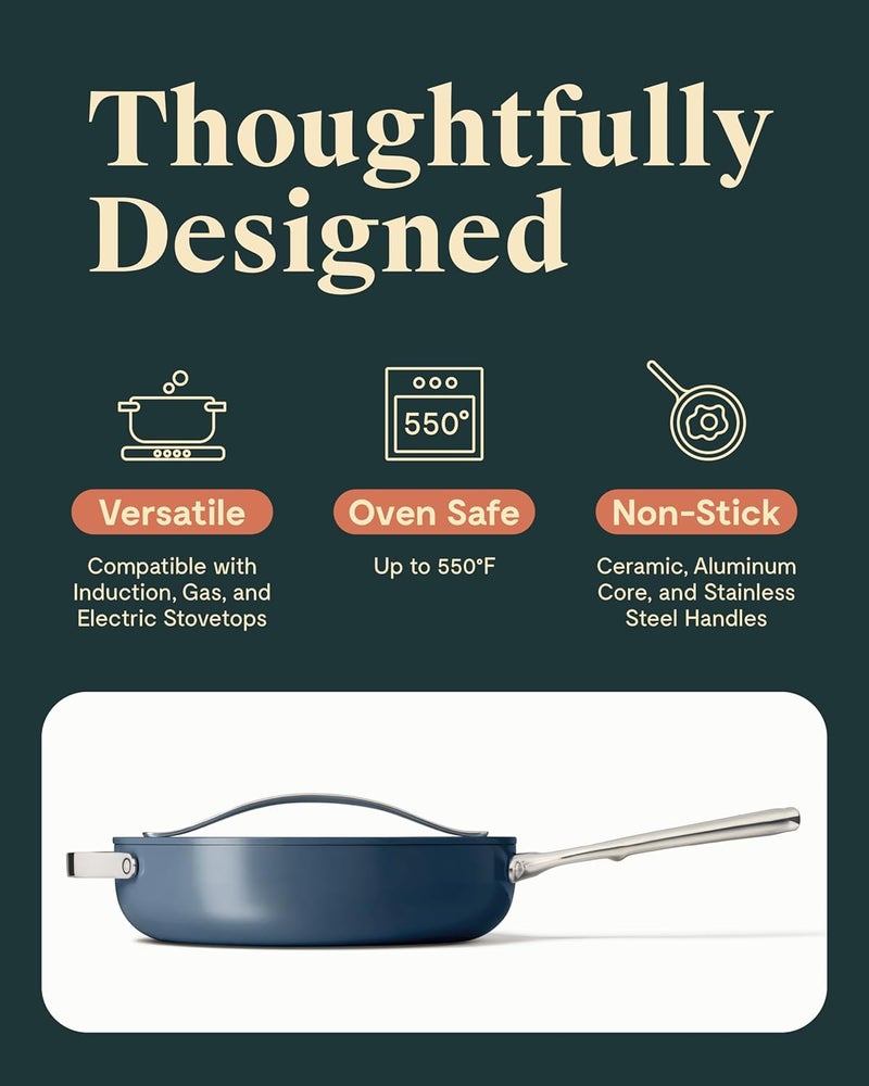 Caraway Nonstick Ceramic Saut Pan with Lid 45 qt 118  Non Toxic PTFE  PFOA Free  Oven Safe  Compatible with All Stovetops Gas Electric  Induction  Navy - Image 3