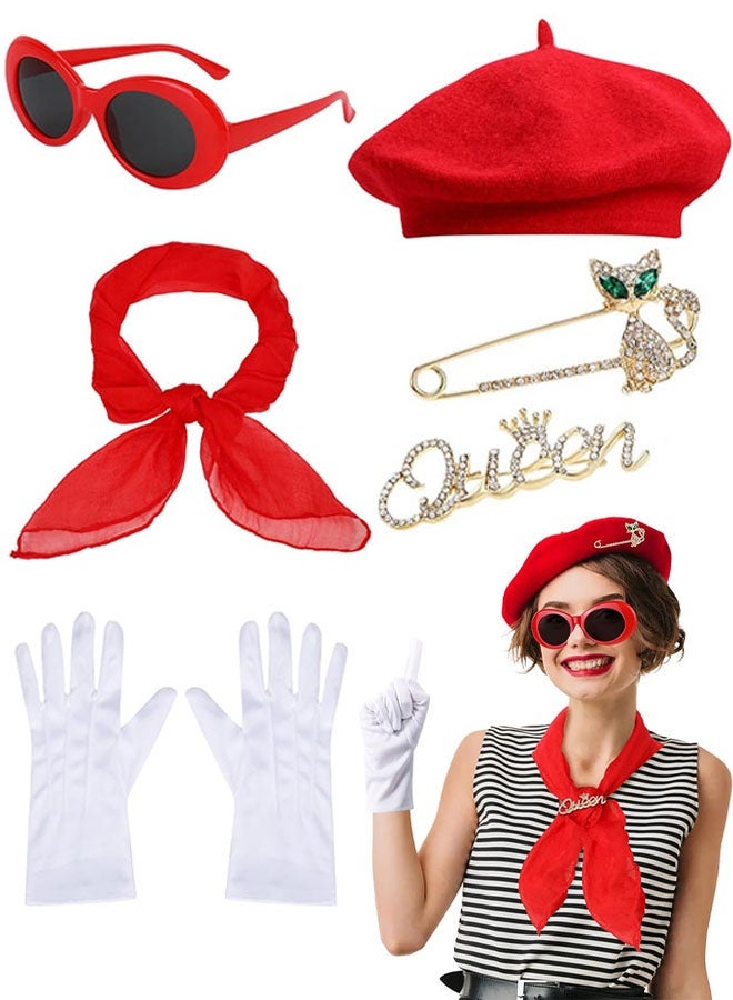 مجموعة إكسسوارات أزياء تنكرية للنساء الفرنسيات، 6 قطع إكسسوارات أزياء من الخمسينيات مع قبعة بيريه، وشاح، نظارات شمسية، قفازات، دبابيس، أزياء تمثيلية للنساء، حفلة تنكرية على الطراز الفرنسي - Image 1