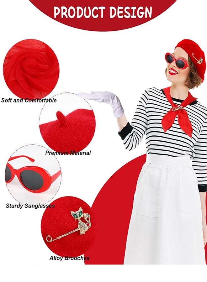 مجموعة إكسسوارات أزياء تنكرية للنساء الفرنسيات، 6 قطع إكسسوارات أزياء من الخمسينيات مع قبعة بيريه، وشاح، نظارات شمسية، قفازات، دبابيس، أزياء تمثيلية للنساء، حفلة تنكرية على الطراز الفرنسي - Image 3