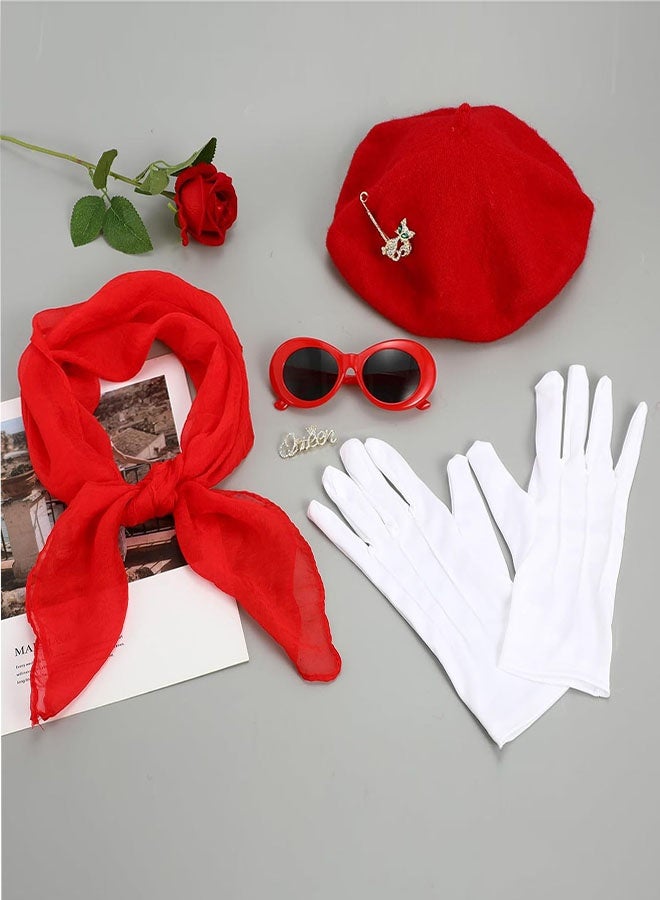 مجموعة إكسسوارات أزياء تنكرية للنساء الفرنسيات، 6 قطع إكسسوارات أزياء من الخمسينيات مع قبعة بيريه، وشاح، نظارات شمسية، قفازات، دبابيس، أزياء تمثيلية للنساء، حفلة تنكرية على الطراز الفرنسي - Image 4