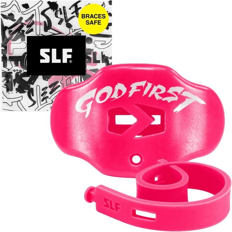 SLEEFS God First Pink Football Mouth Guard – No-Boil Mouthpiece with Strap – Maximum Air Flow & Lip/Teeth Protection for Youth & Adults - Image 1