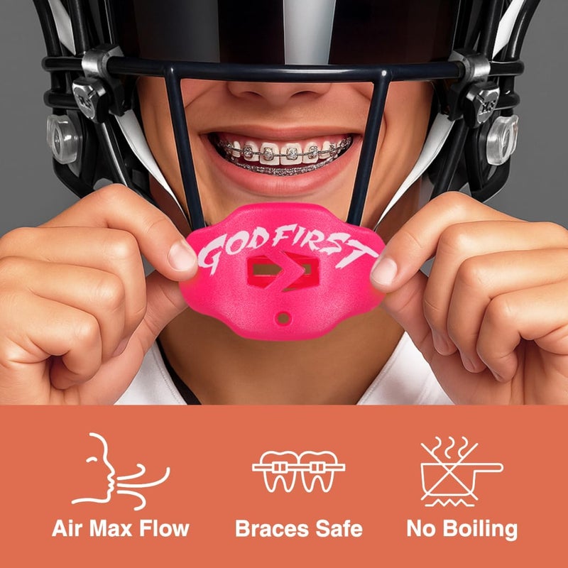 SLEEFS God First Pink Football Mouth Guard – No-Boil Mouthpiece with Strap – Maximum Air Flow & Lip/Teeth Protection for Youth & Adults - Image 2