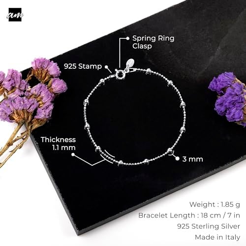 Amberta 925 Sterling Silver 3.2 mm / 1.1 mm Ball Bead Chain Bracelet Length 7" inch / 18 cm (7) - Image 5