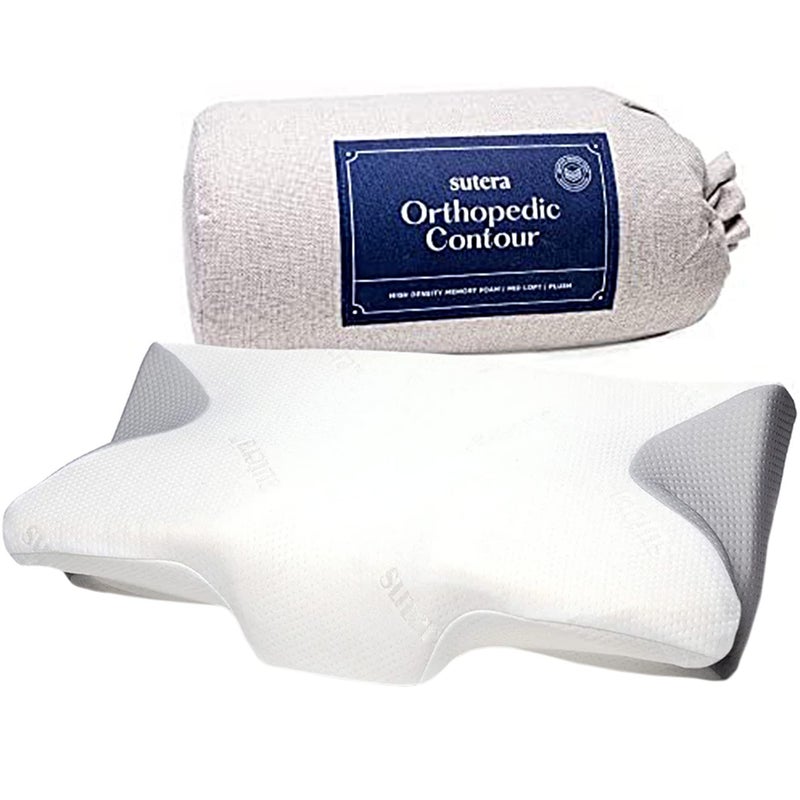 SUTERA - Dream Deep Contour Memory Foam Pillow, Orthopedic Cervical Support for Neck, Shoulder and Back Pain Relief, Ergonomic Pillow for Side, Back and Stomach Sleepers, Washable Cover - White+Bag - Image 1