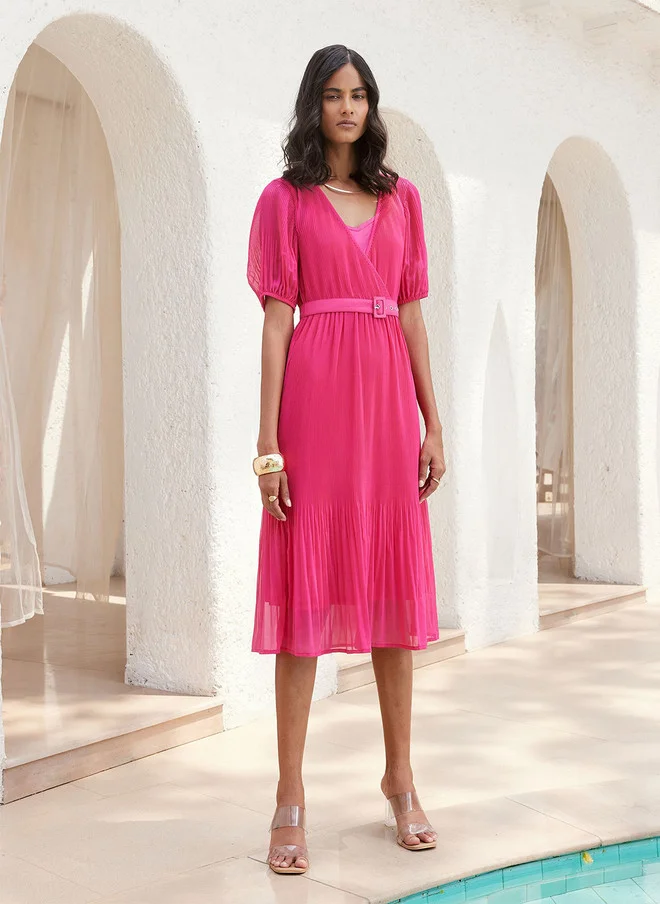 Salt Attire SALT ATTIRE V-Neck Puff Sleeves A-Line Dress in Pink