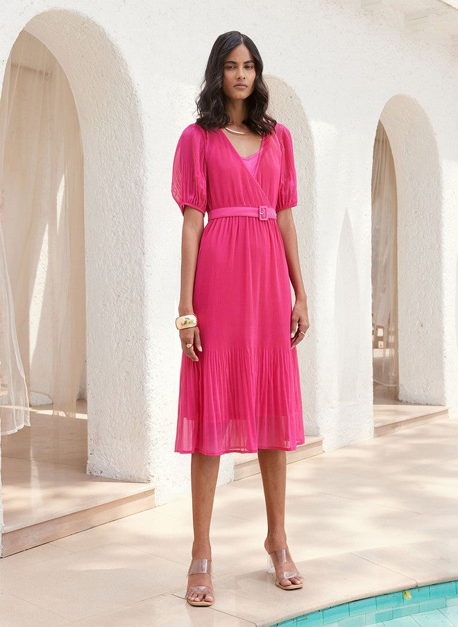 SALT ATTIRE V-Neck Puff Sleeves A-Line Dress in Pink - Image 1