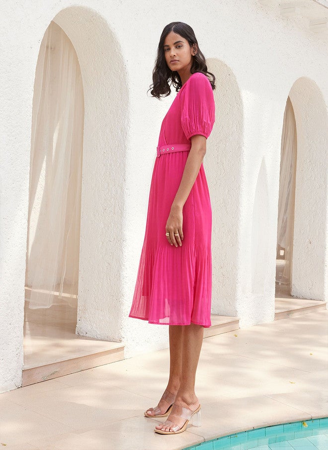SALT ATTIRE V-Neck Puff Sleeves A-Line Dress in Pink - Image 3