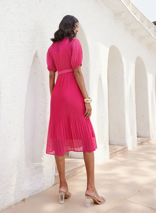 SALT ATTIRE V-Neck Puff Sleeves A-Line Dress in Pink - Image 4