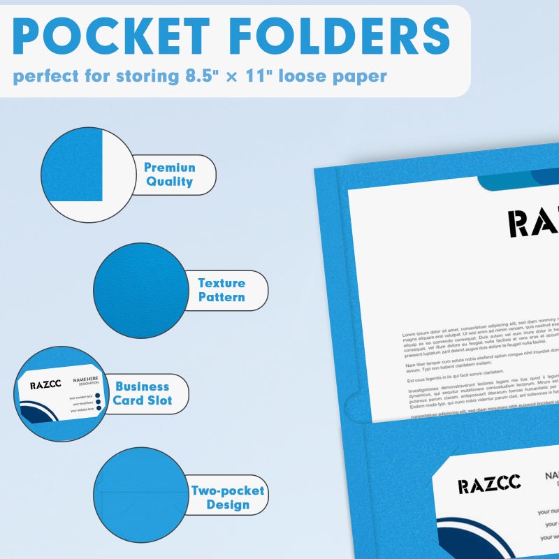 RAZCC Two Pocket Folders, RAZCC 50 Pack 2 Pocket Folders Fit Letter Size Paper, Paper Folders with Pockets for School Office Business Home (Blue) - Image 3