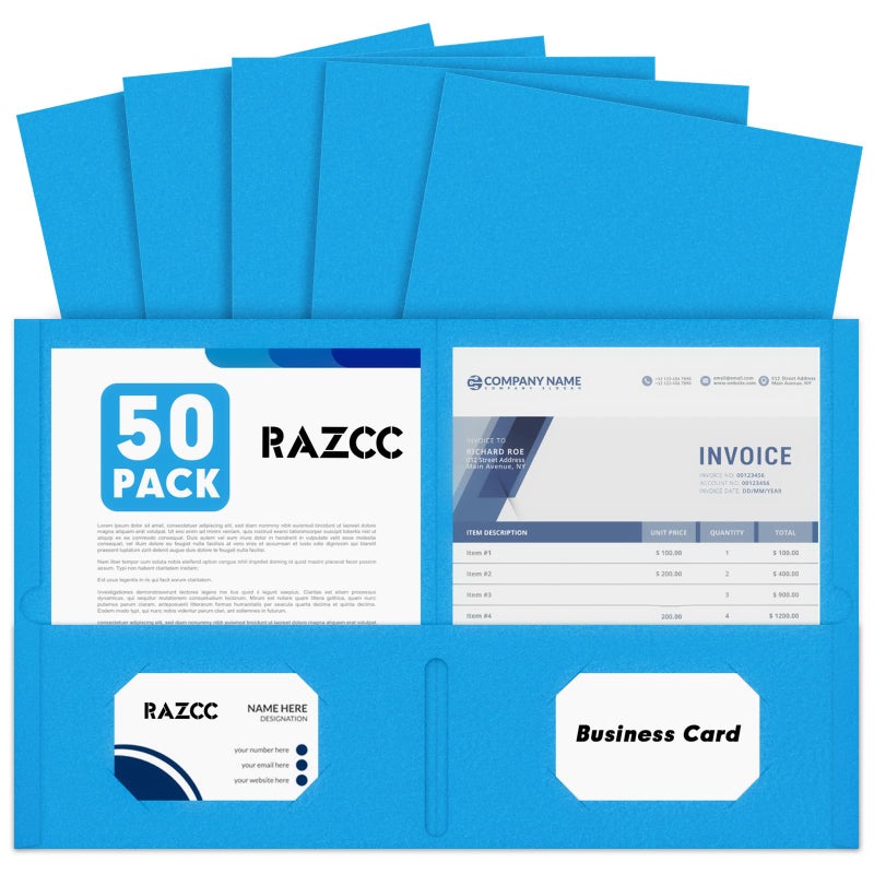 RAZCC Two Pocket Folders, RAZCC 50 Pack 2 Pocket Folders Fit Letter Size Paper, Paper Folders with Pockets for School Office Business Home (Blue) - Image 1