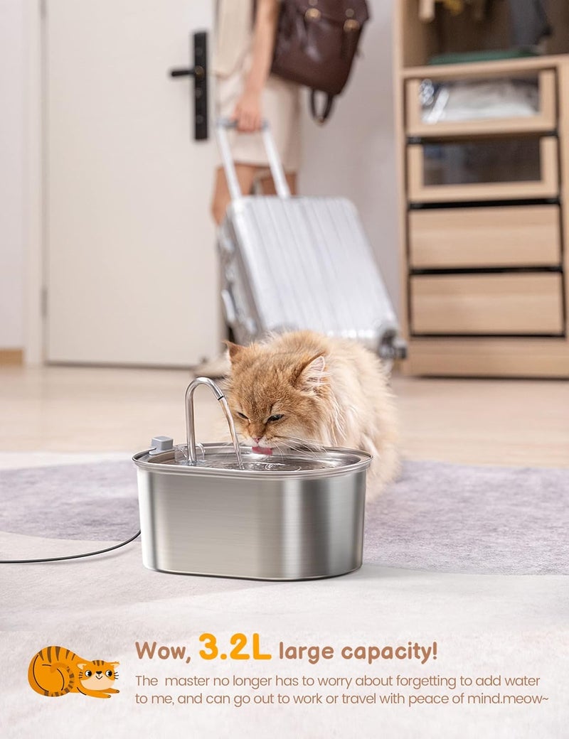 SOOFPET Cat Water Fountain, 3,2L/108oz Cat Fountain Stainless Steel, Quiet Pump, Multi-Filtration, Dishwasher Safe Design, Cat water Fountain for Drinking Suitable for Cats, Dogs and Other Pets Sand resistant - Image 3