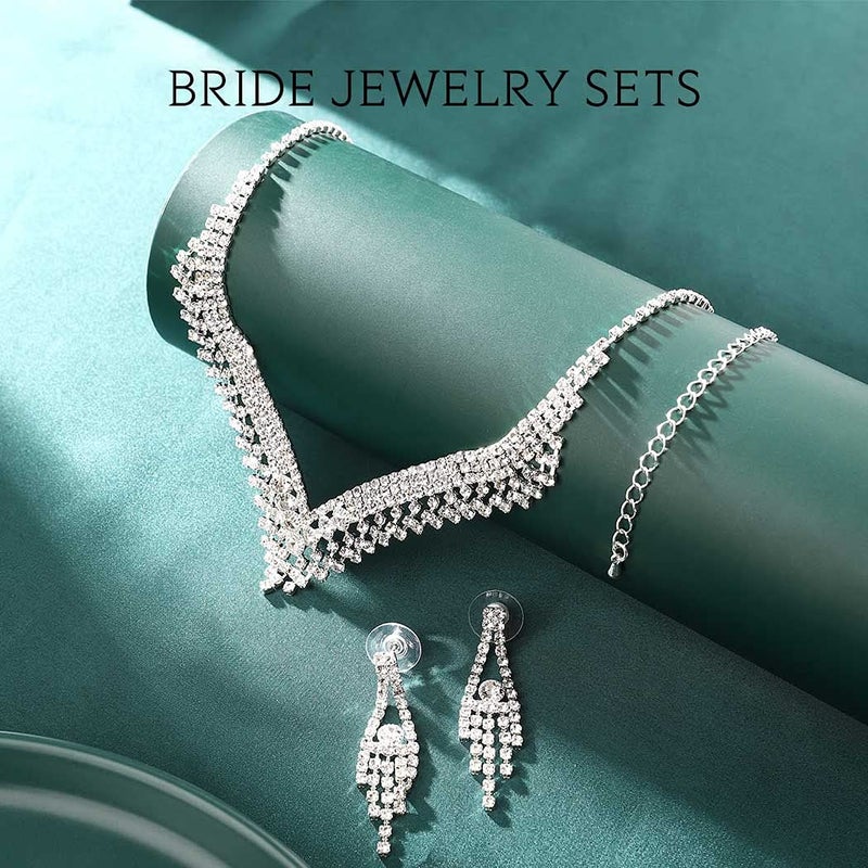 Unicra Rhinestone Necklace Earrings Set Silver Bridal Wedding Jewelry Sets Diamond Prom Formal Costume Jewelry for Women and Brides - Image 3