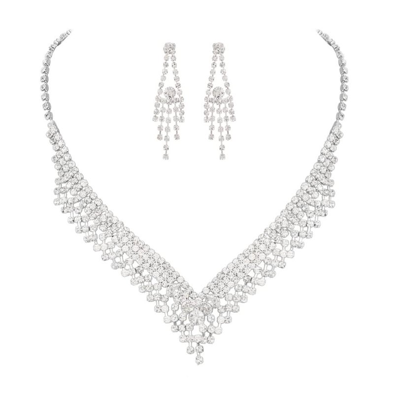 Unicra Rhinestone Necklace Earrings Set Silver Bridal Wedding Jewelry Sets Diamond Prom Formal Costume Jewelry for Women and Brides - Image 1