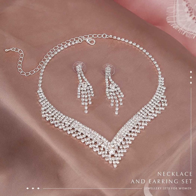 Unicra Rhinestone Necklace Earrings Set Silver Bridal Wedding Jewelry Sets Diamond Prom Formal Costume Jewelry for Women and Brides - Image 5