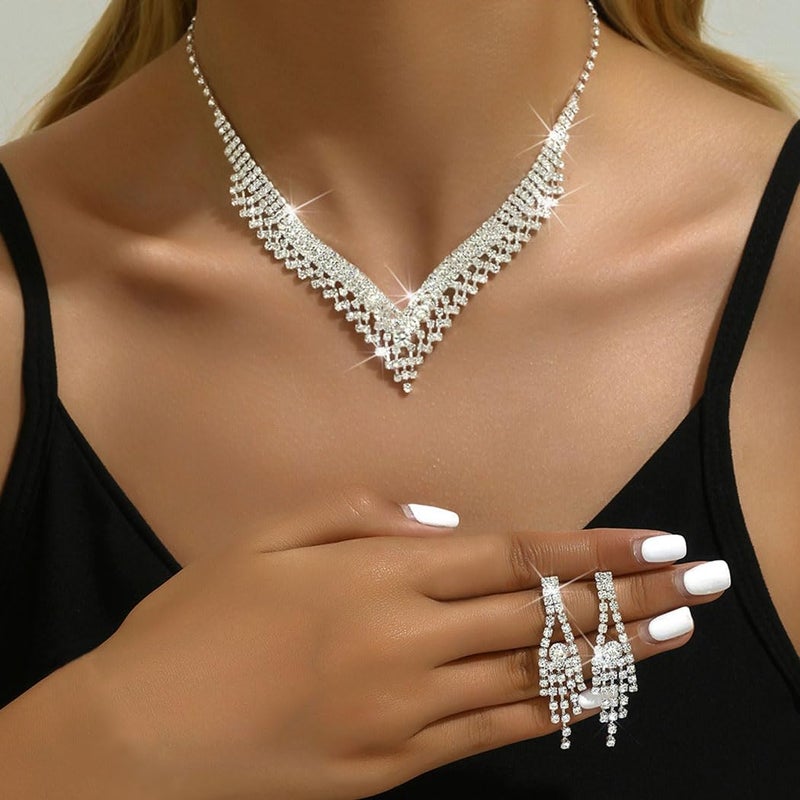 Unicra Rhinestone Necklace Earrings Set Silver Bridal Wedding Jewelry Sets Diamond Prom Formal Costume Jewelry for Women and Brides - Image 2
