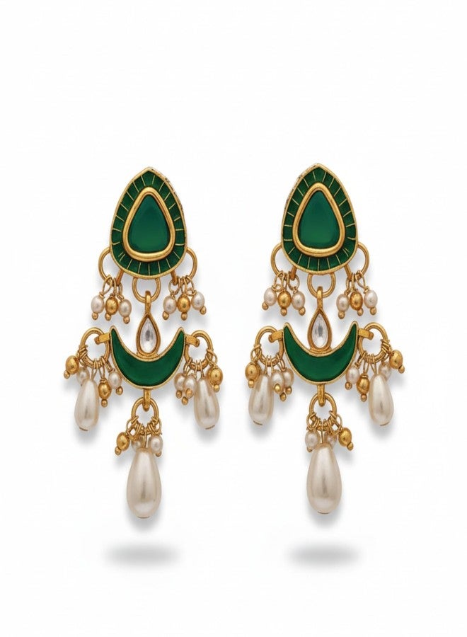 SANJOYA BY EVERSTYLISH Ratnodya Rising Gem Dazzling Kundan Earrings With Pearls And Royal Green And Gold Accents Lightweight Jewelry For Women | Party, Festive, Wedding & Gifting - Image 1